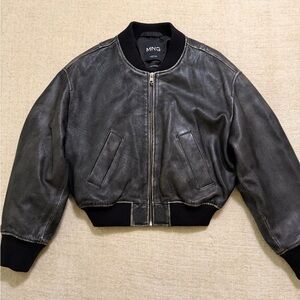 Mango Black Leather Cropped Bomber Jacket